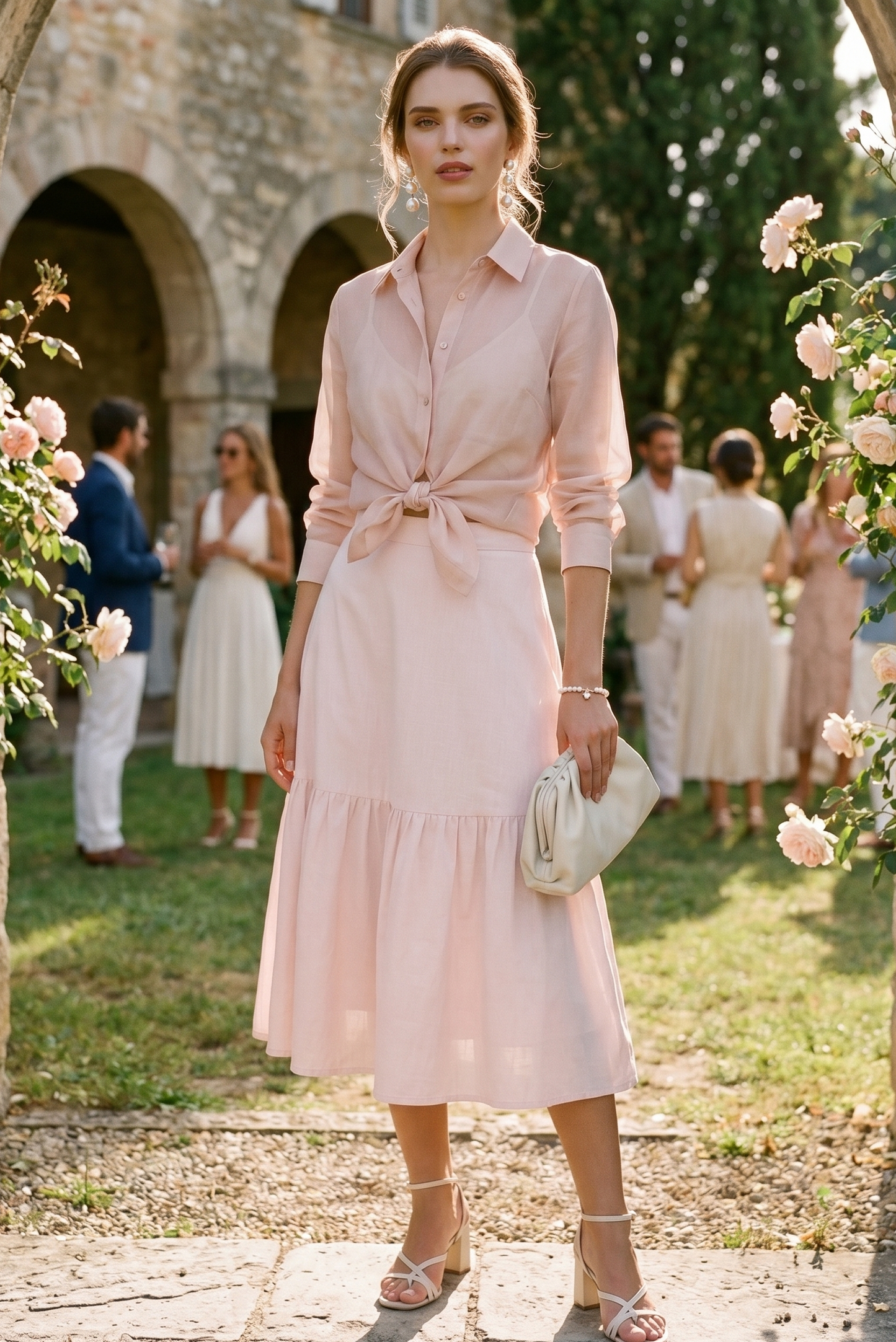 Pink cotton sateen tiered midi skirt — luxury handcrafted women's occasion wear
