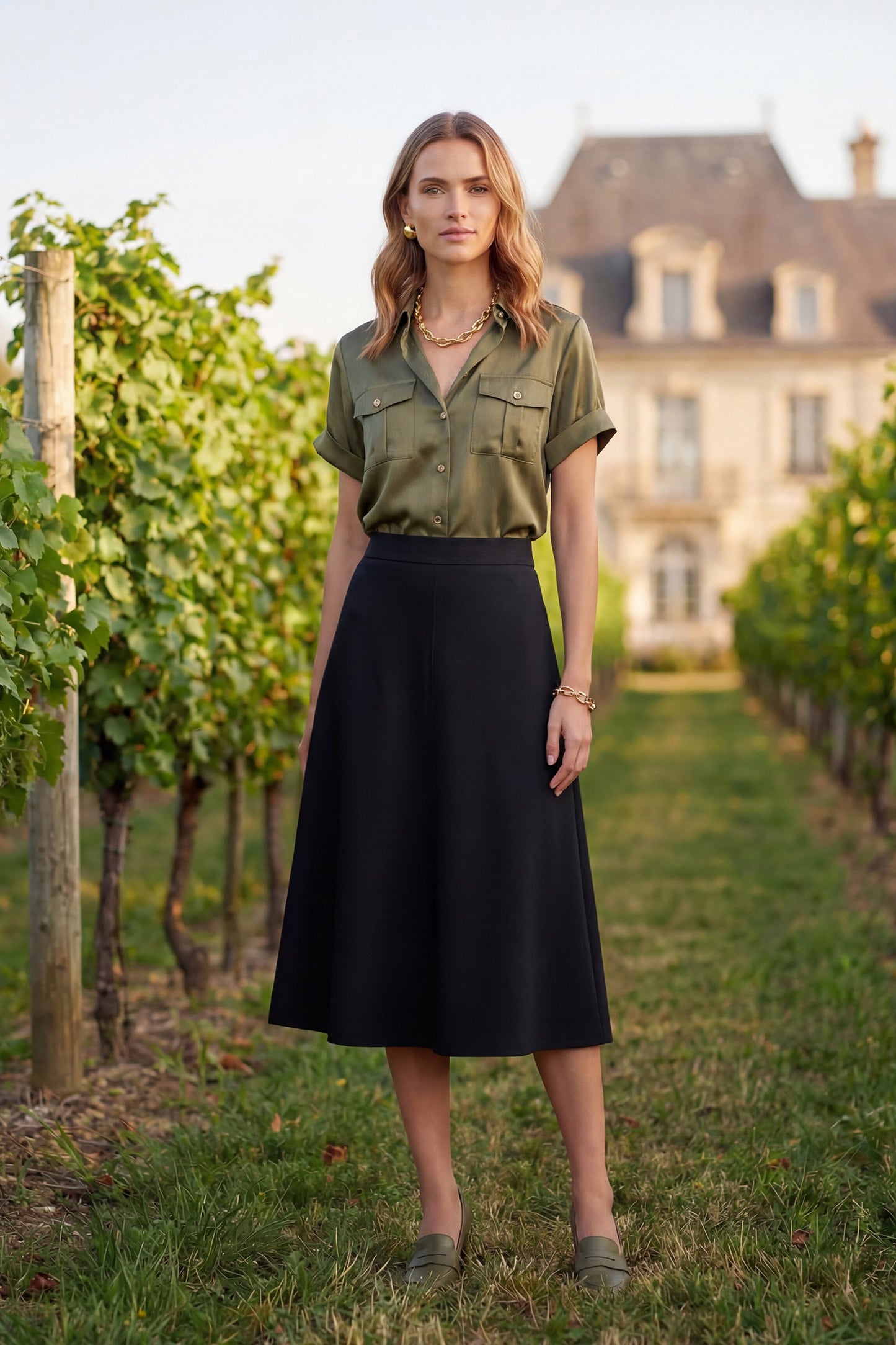 Black flared cotton midi skirt in mercerized sateen - handcrafted