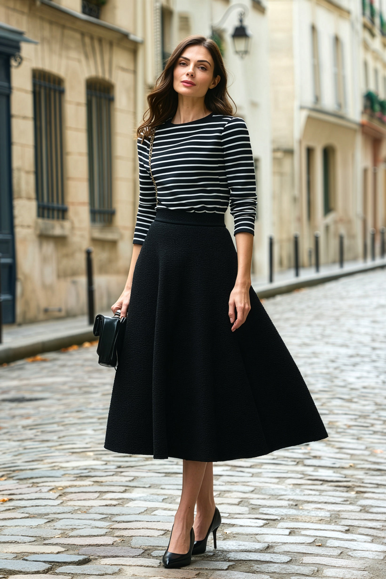 Custom Black Flared Midi Skirt in Wool