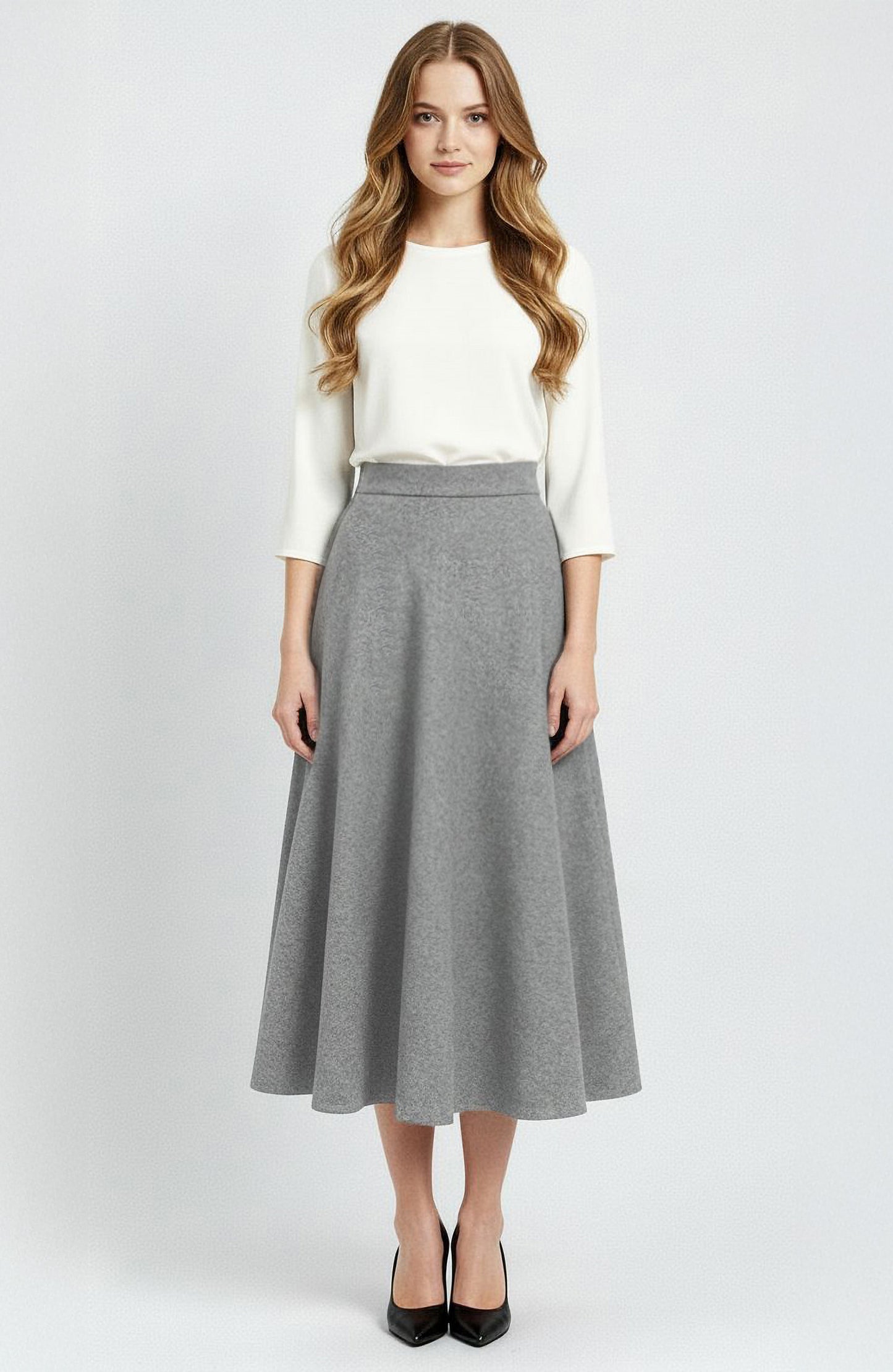light grey wool midi circle skirt