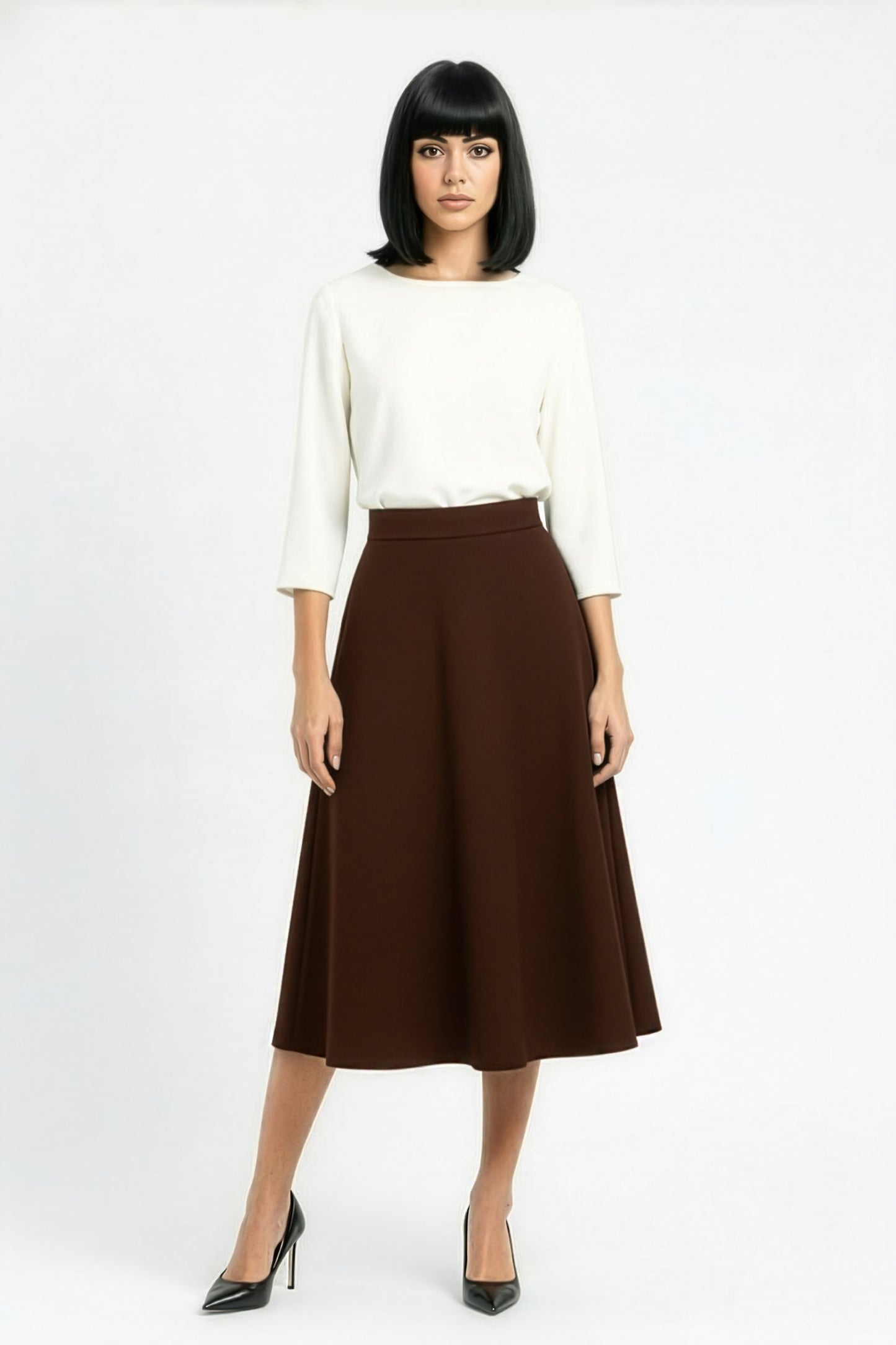 aline flared wool midi skirt in brown