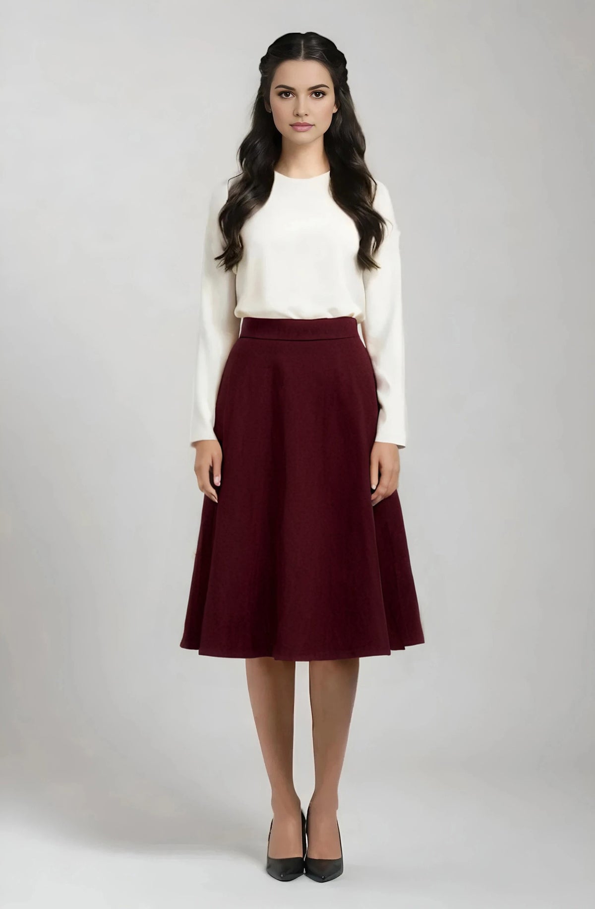 flared knee length wool skirt in burgundy