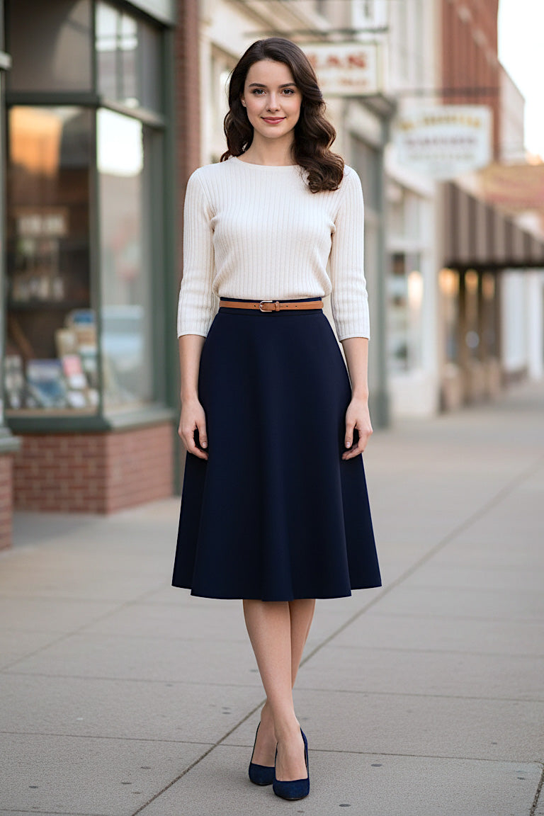 Custom Flared Wool Skirt Knee Length in Solid Colors - The