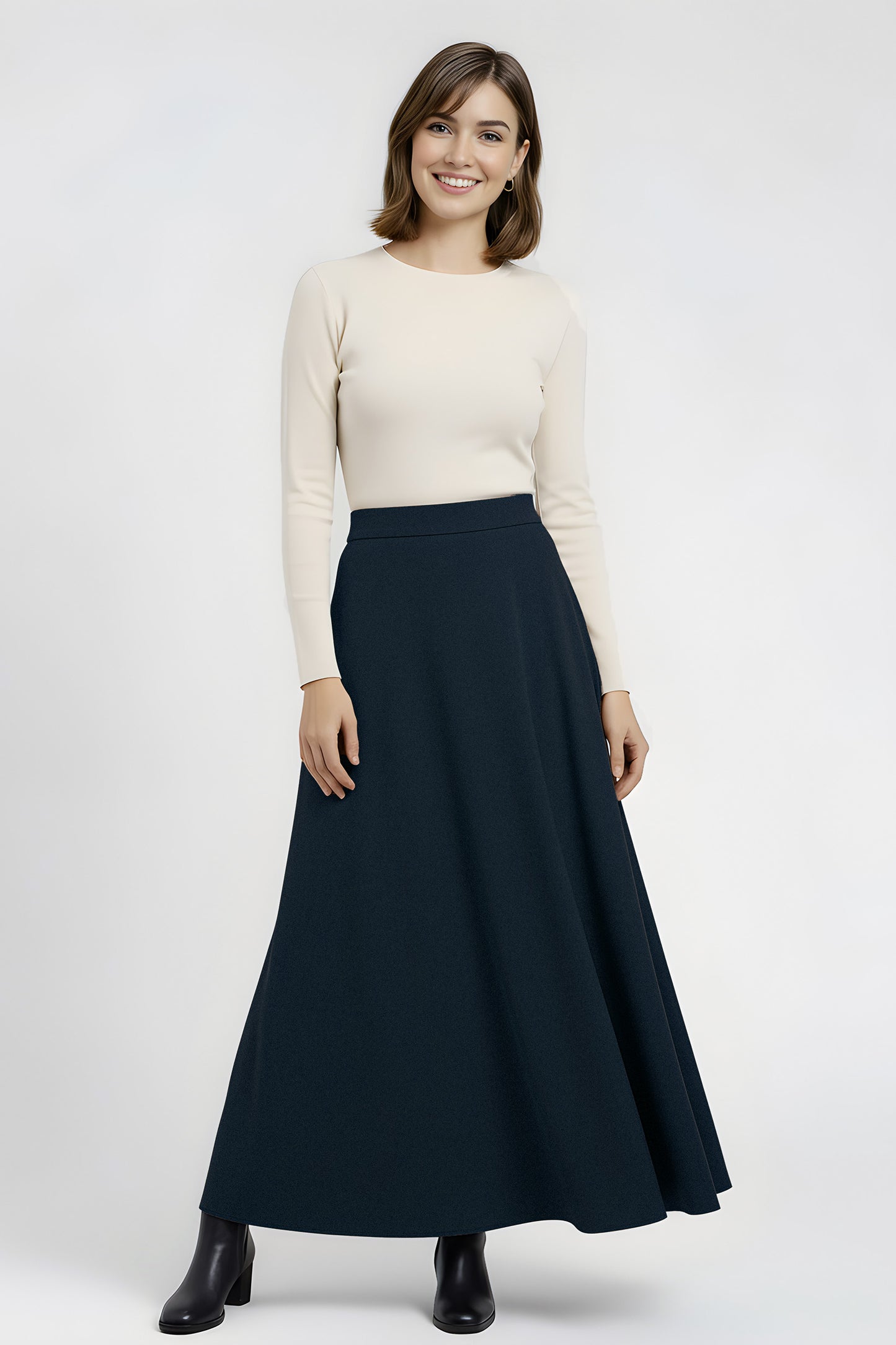 navy blue a line wool maxi skirt