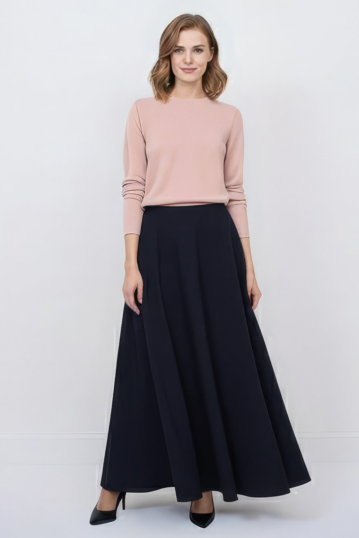 navy blue wool maxi skirt