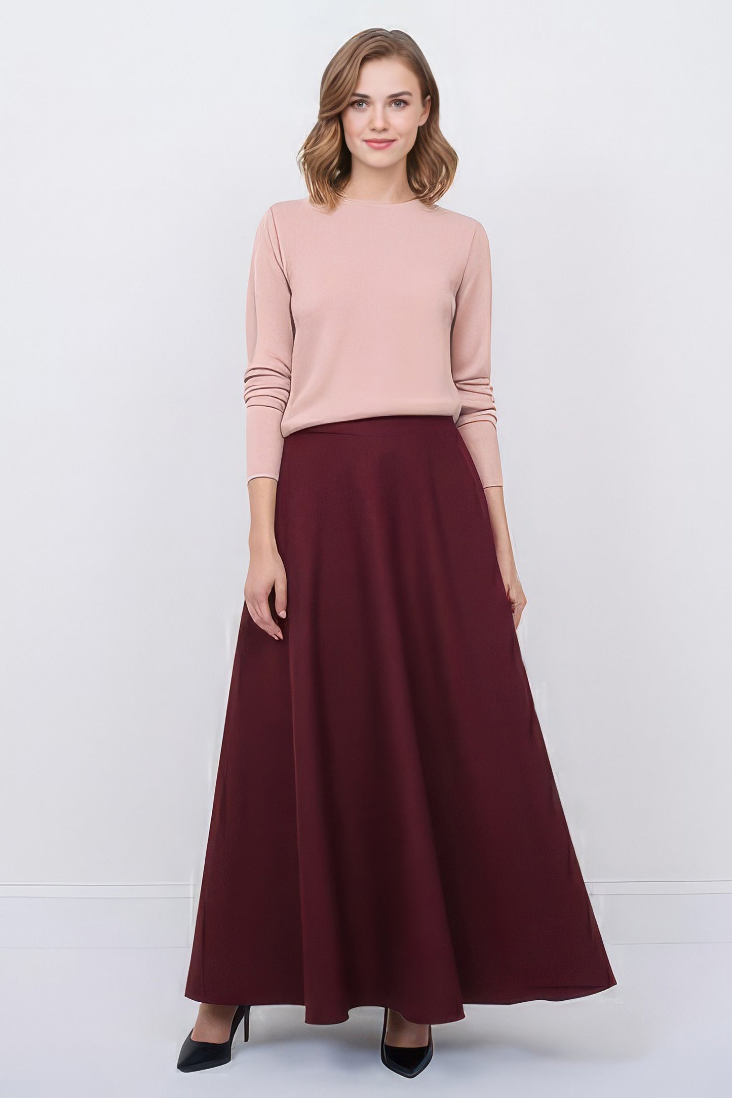 wine colored wool maxi skirt