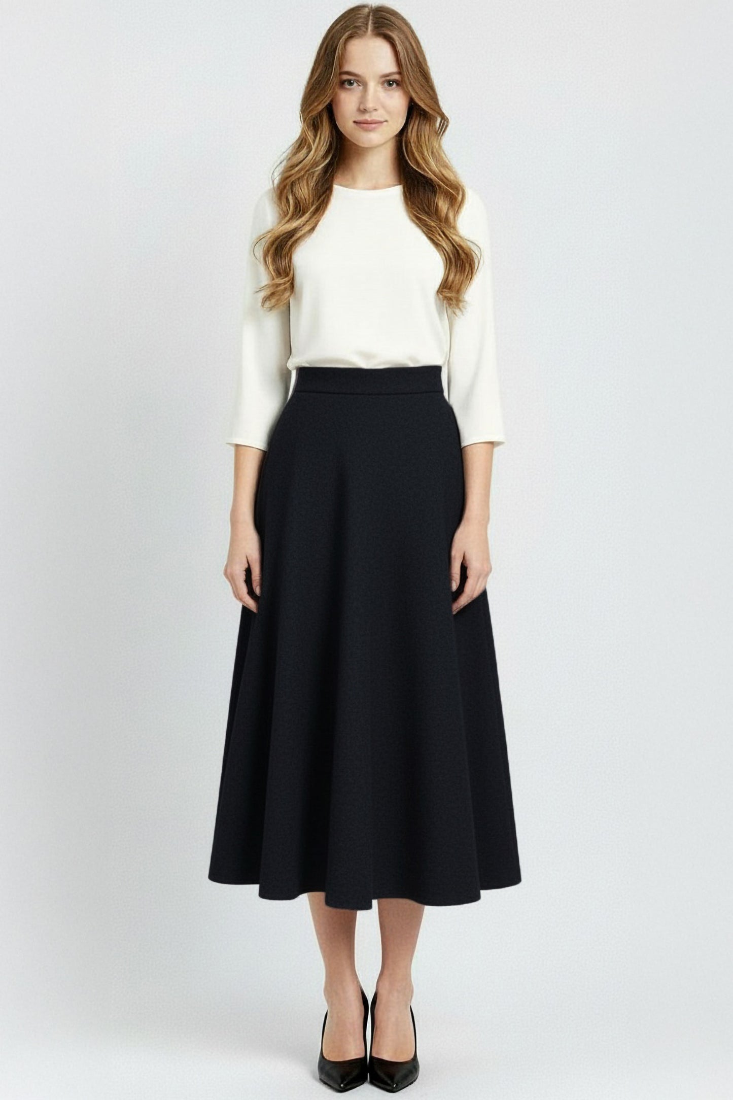 black wool midi circle skirt
