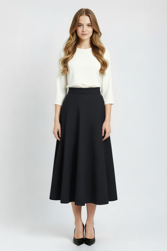 Isabella - Half Circle Wool Midi Skirt in Black