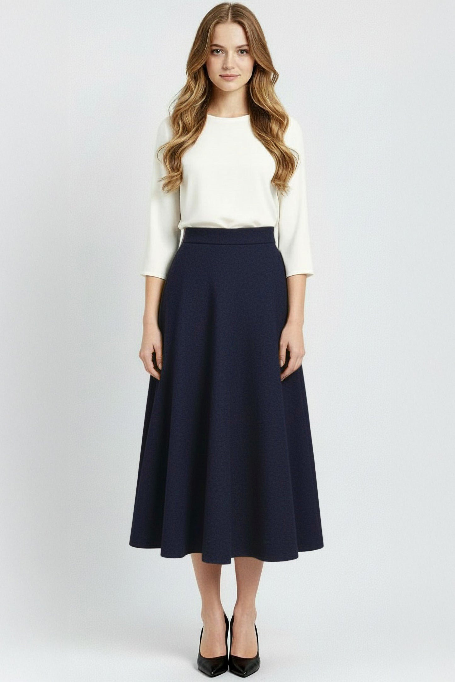 navy blue wool midi circle skirt