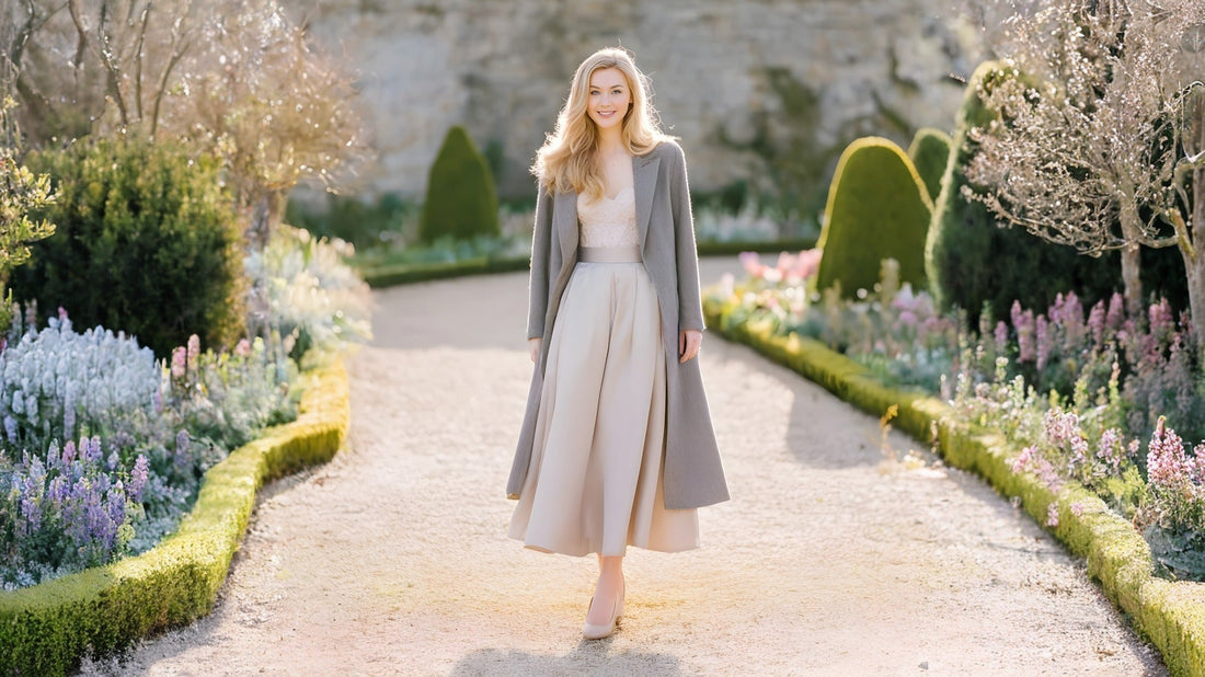 Feminine winter clothes styled with a silk skirt and top with a long grey coat.