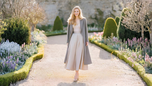Feminine winter clothes styled with a silk skirt and top with a long grey coat.