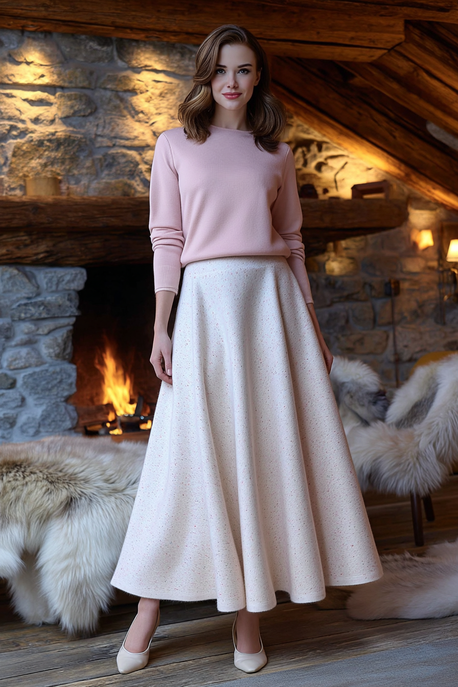 woman standing in front of fire in cozy cabin wearing pink sweater and long wool skirt for winter