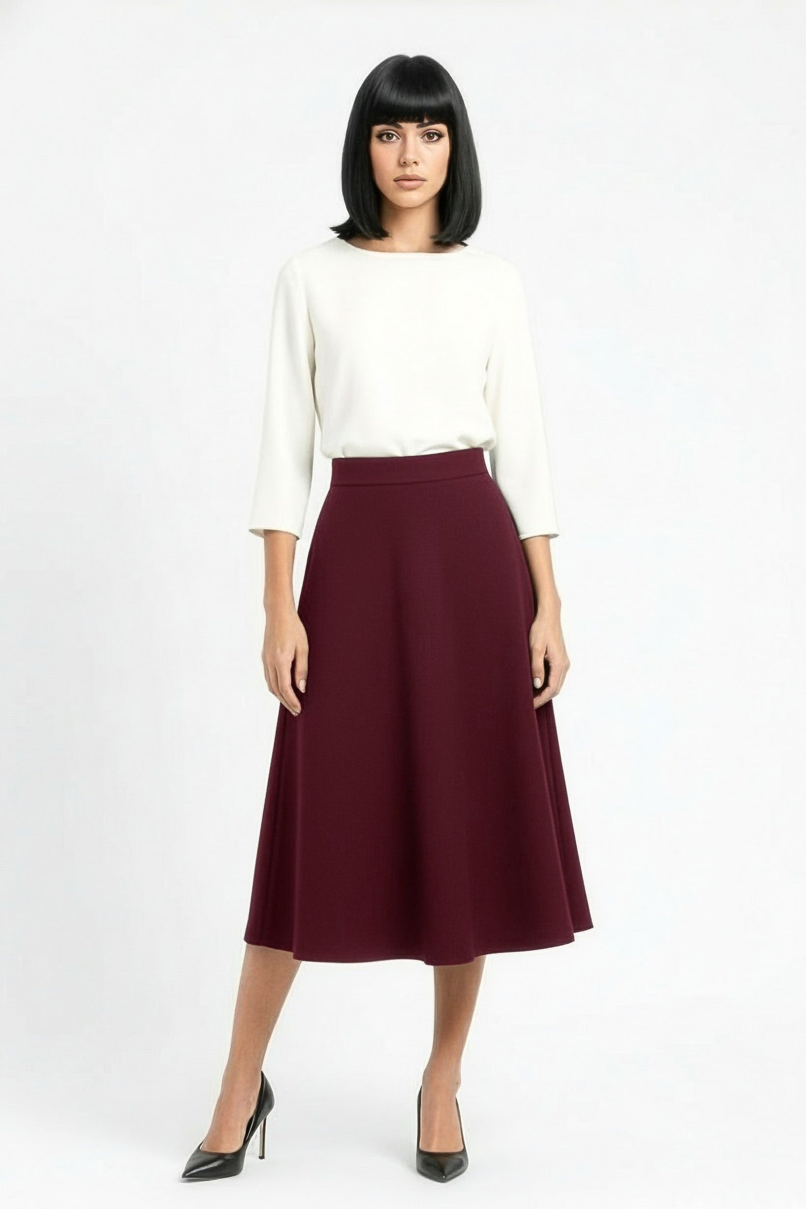 flared aline wool midi skirt in burgundy
