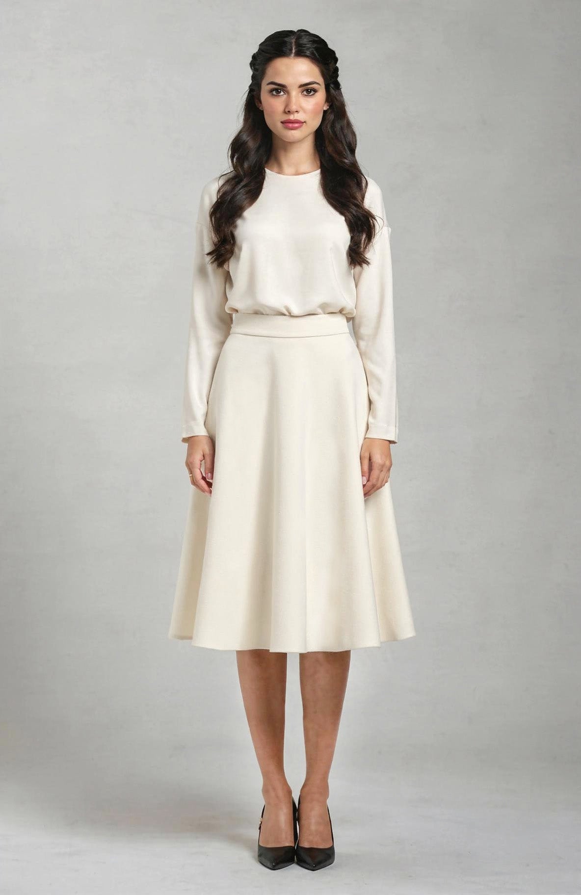 flared knee length wool skirt in cream