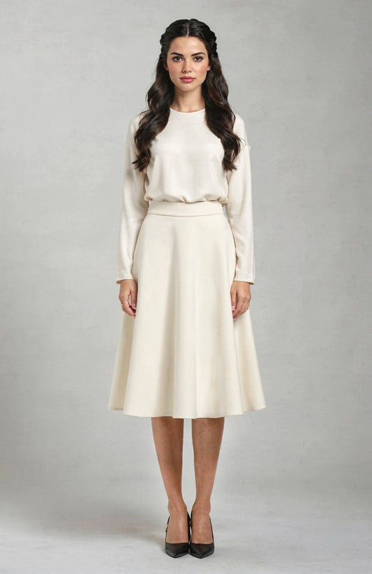 flared knee length wool skirt in cream