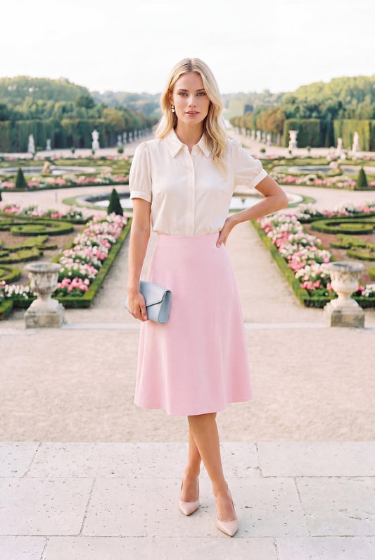 Pink cotton sateen flared knee-length skirt made to order luxury handcrafted women's fashion