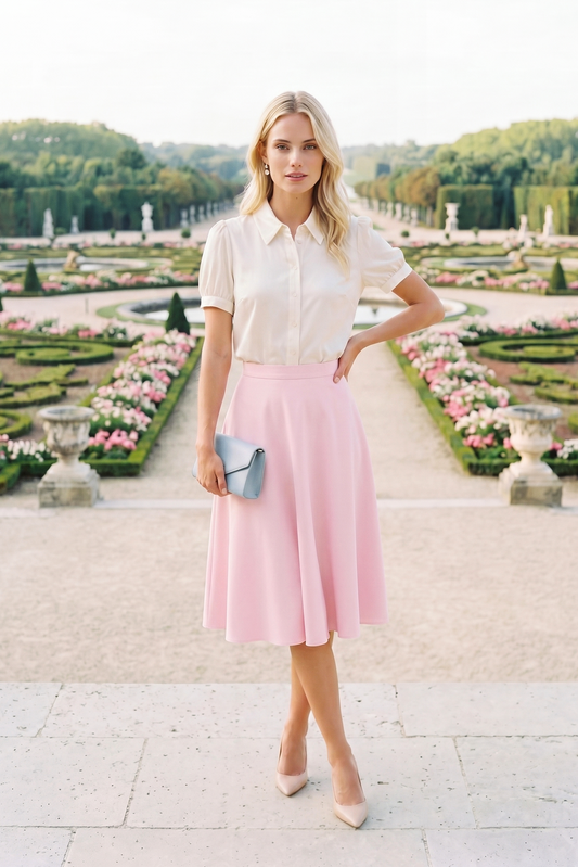 Pink cotton sateen flared knee-length skirt made to order luxury handcrafted women's fashion