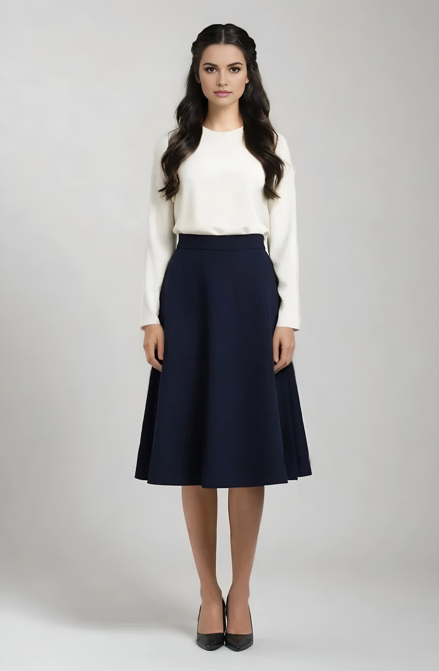 flared knee length wool skirt in navy blue