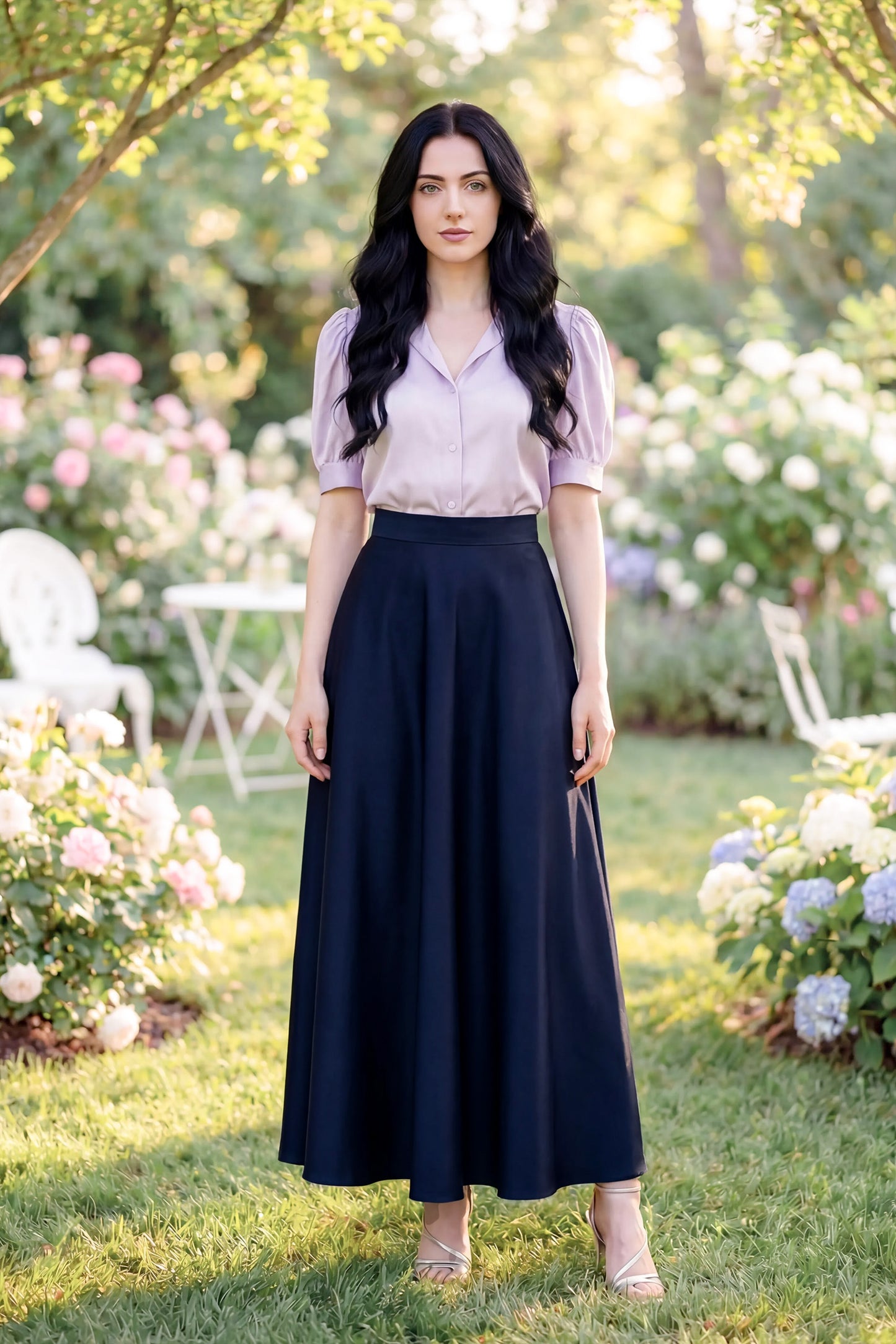 navy blue cotton flared maxi skirt
