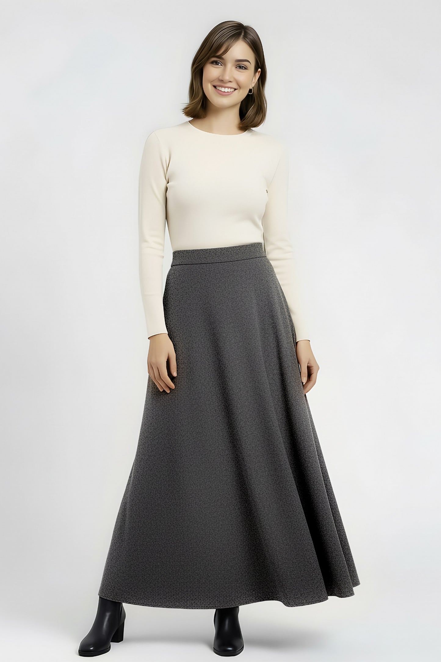 dark grey charcoal flared wool maxi skirt