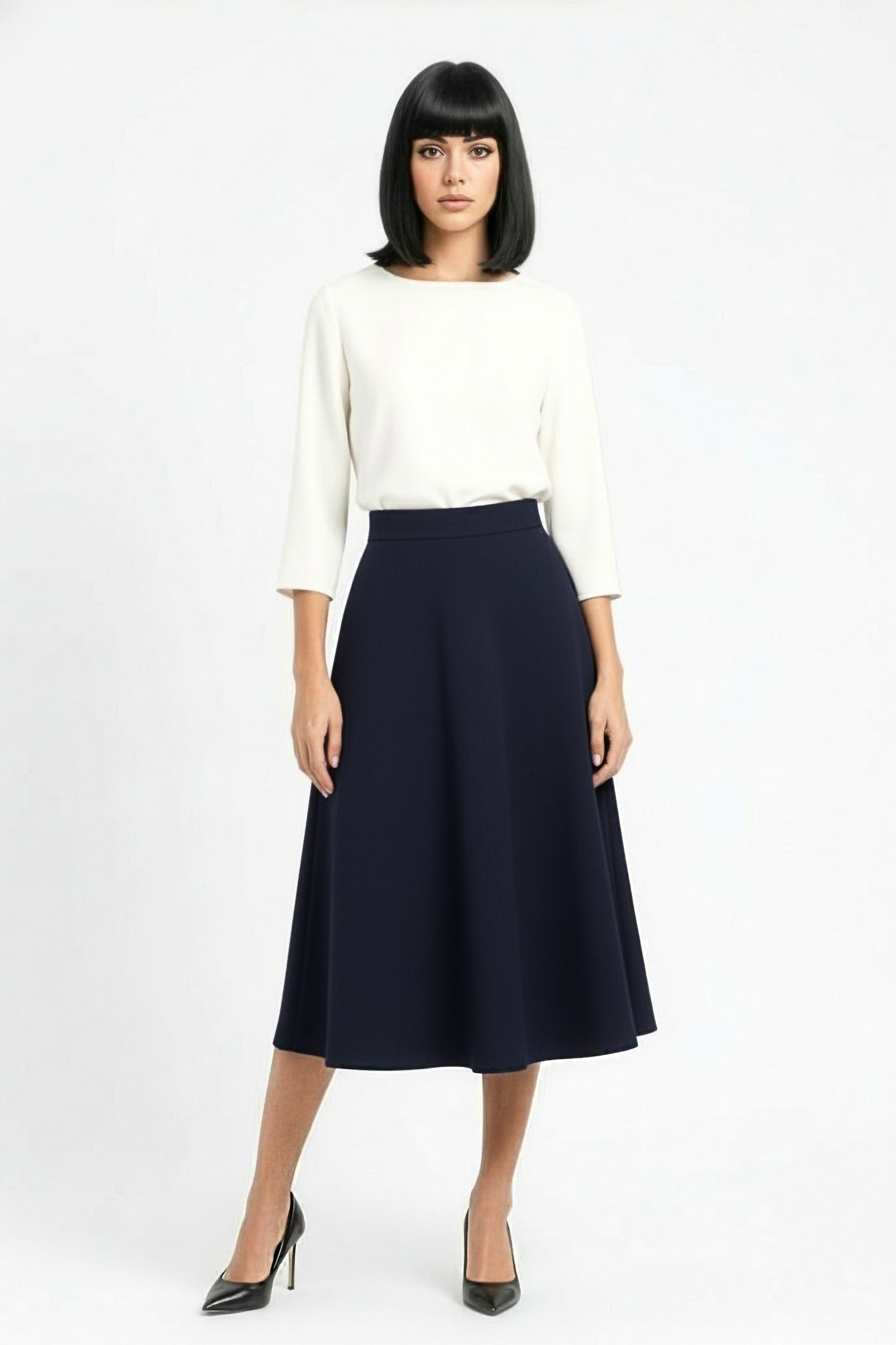 flared wool midi skirt in navy blue