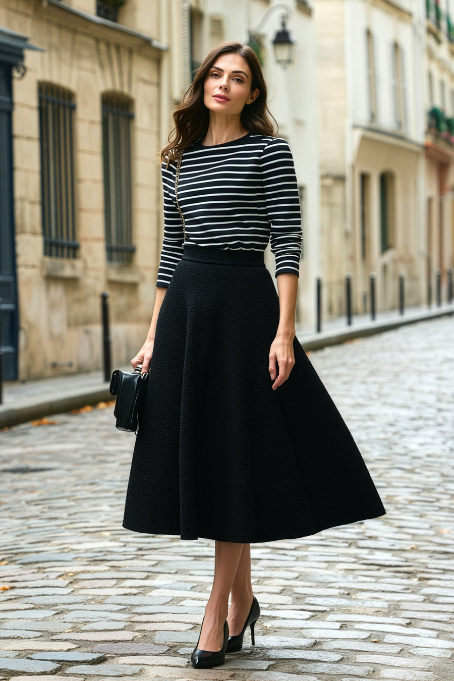Custom Black Flared Midi Skirt in Wool
