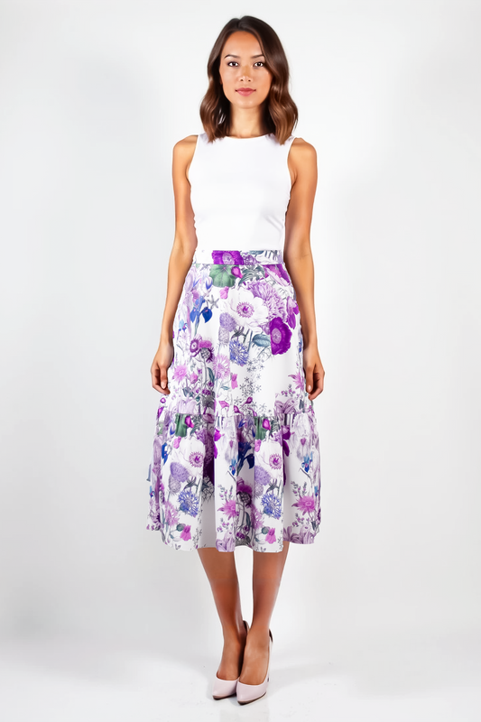 2 Tiered Midi Skirt in Cotton - Bloomin' Lovely Large Print