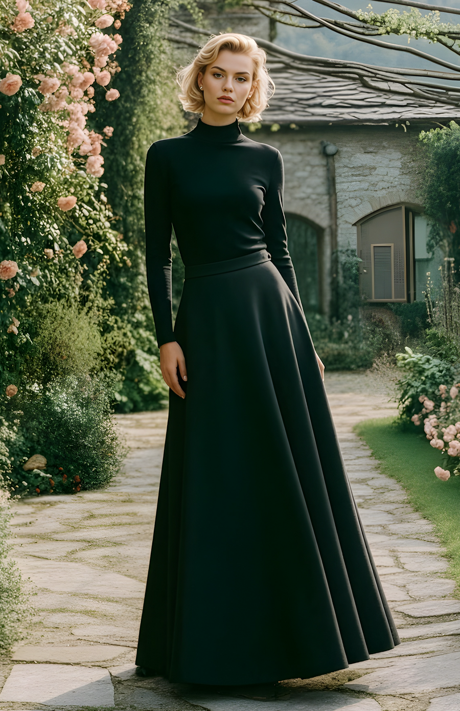 Custom Black Wool Half Circle Maxi Skirt