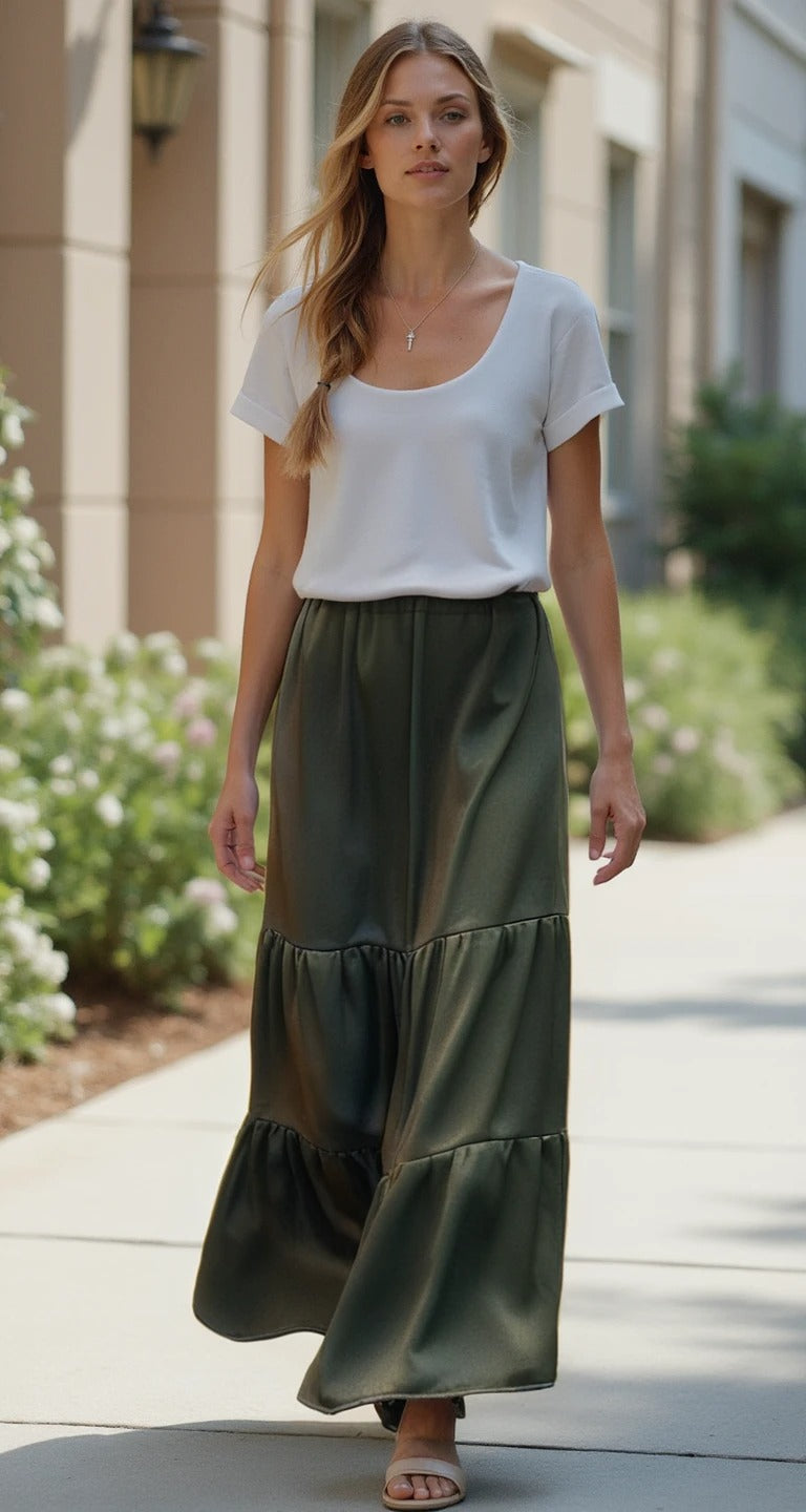 Tiered Satin Maxi Skirt