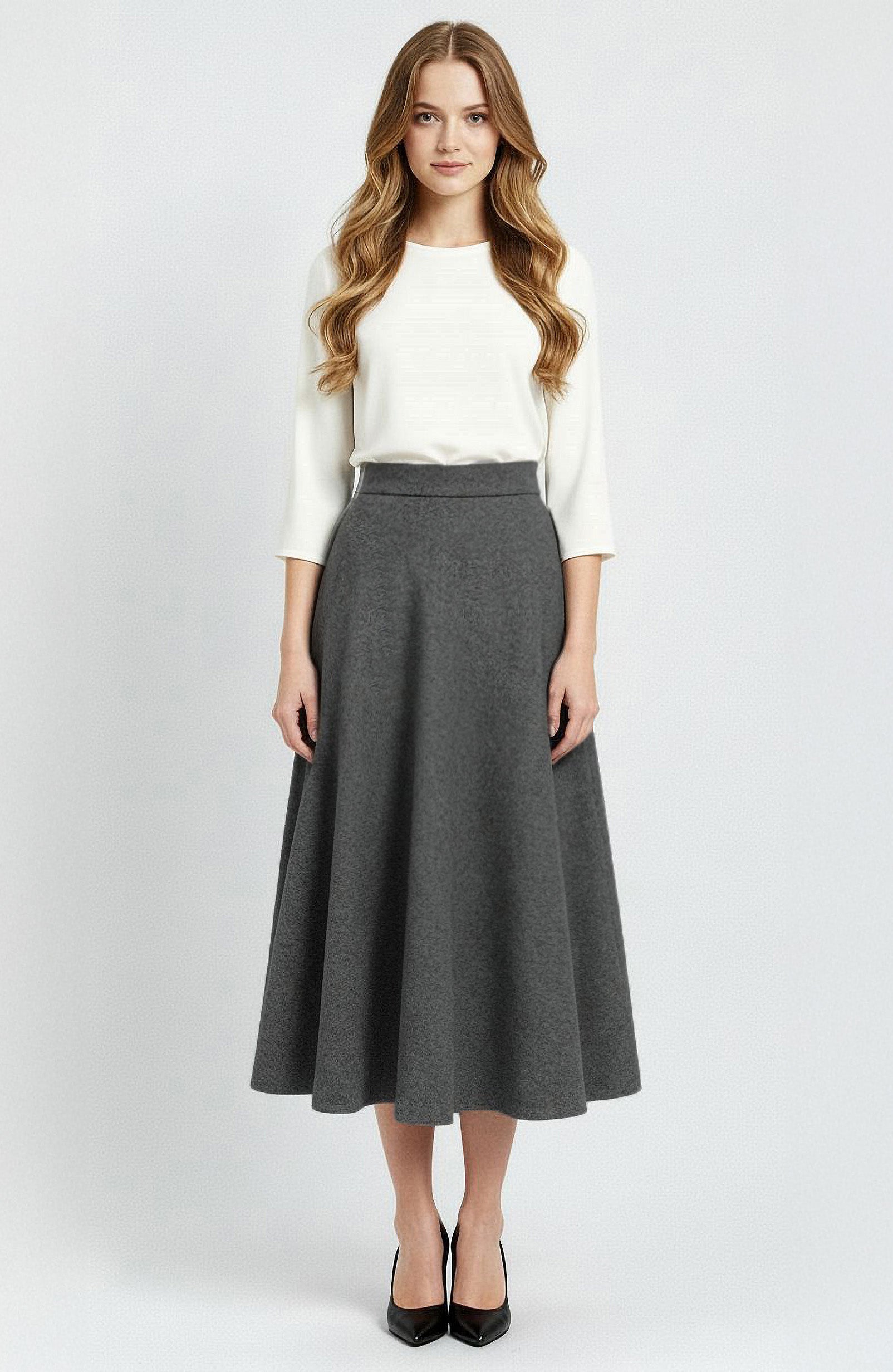 dark grey wool midi circle skirt