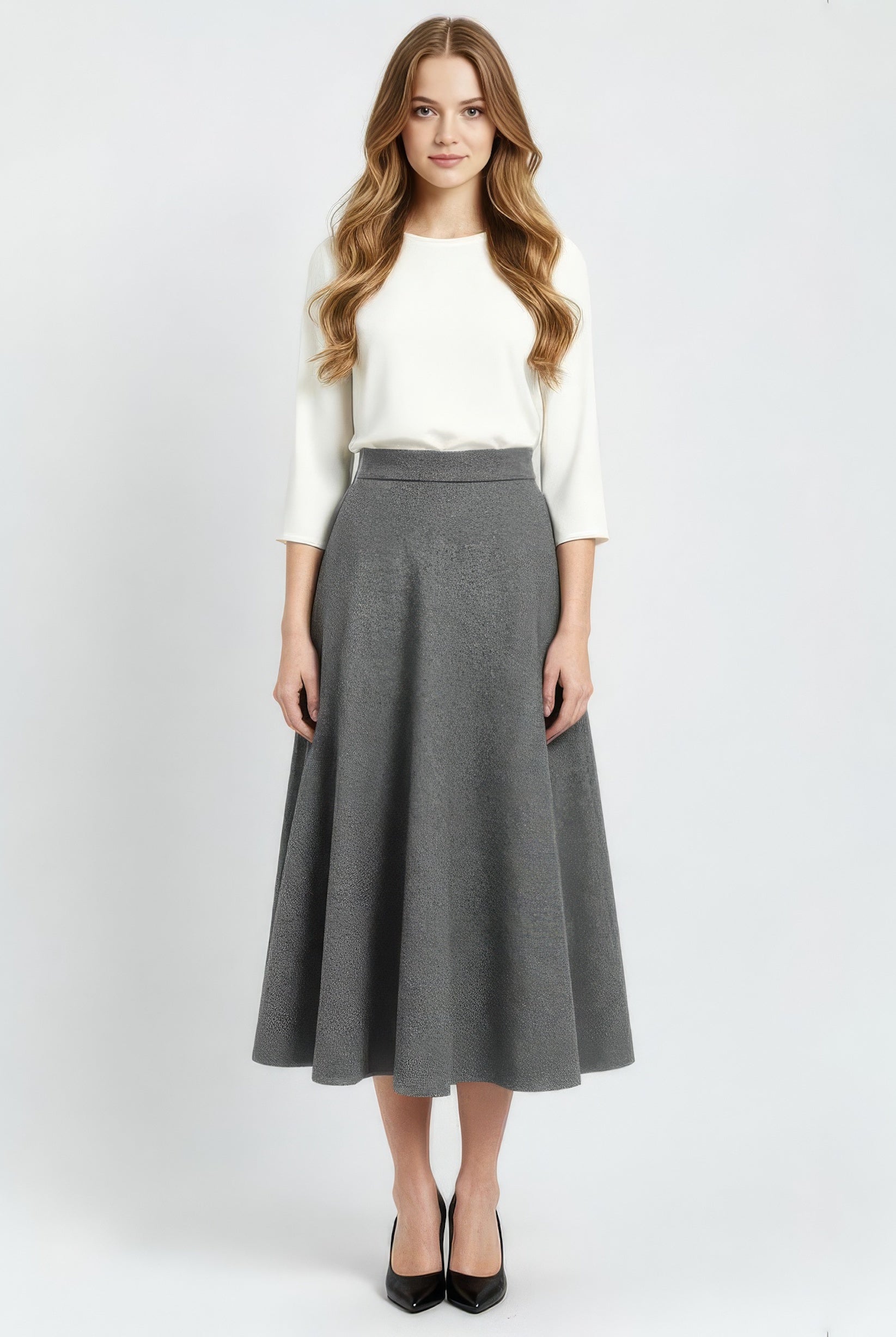 grey wool midi circle skirt