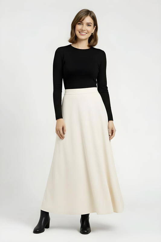 cream flared wool maxi skirt