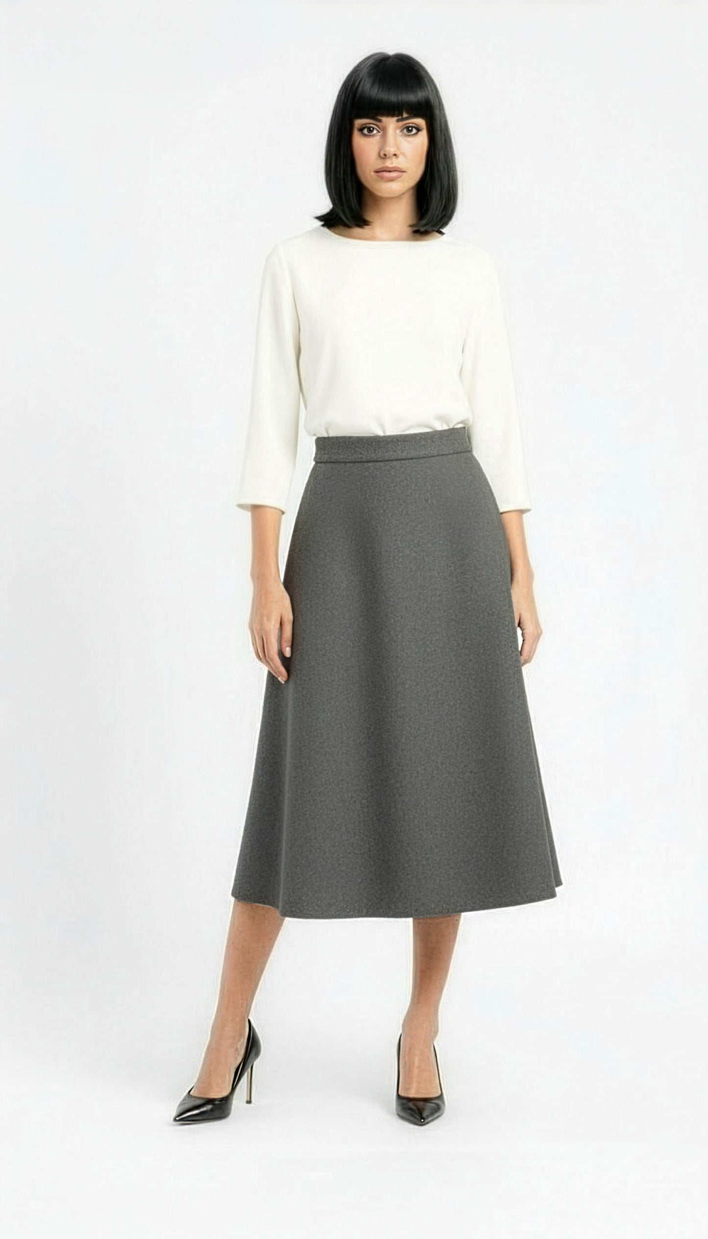 flared aline wool midi skirt in grey
