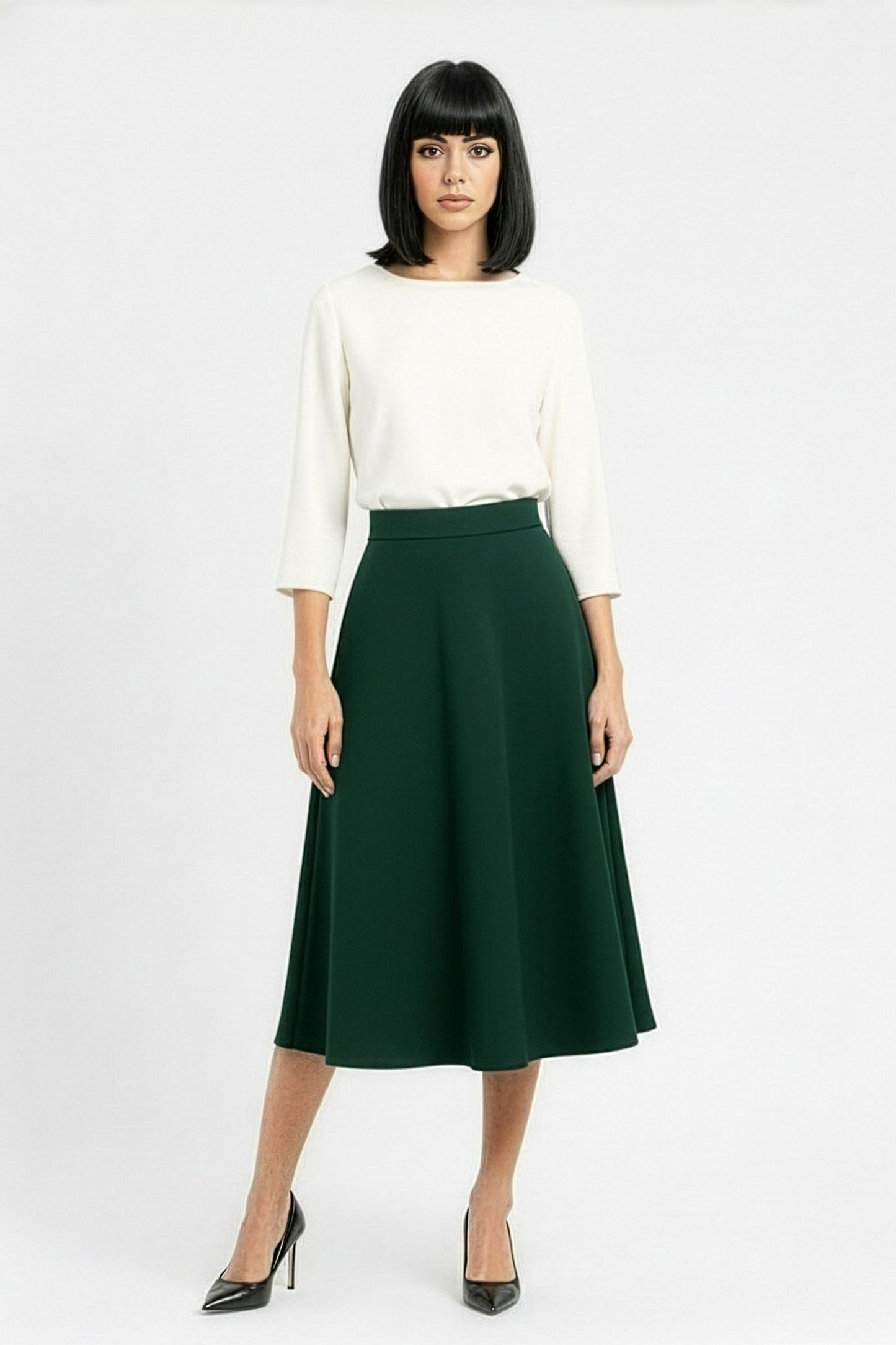 aline flared wool midi skirt in green