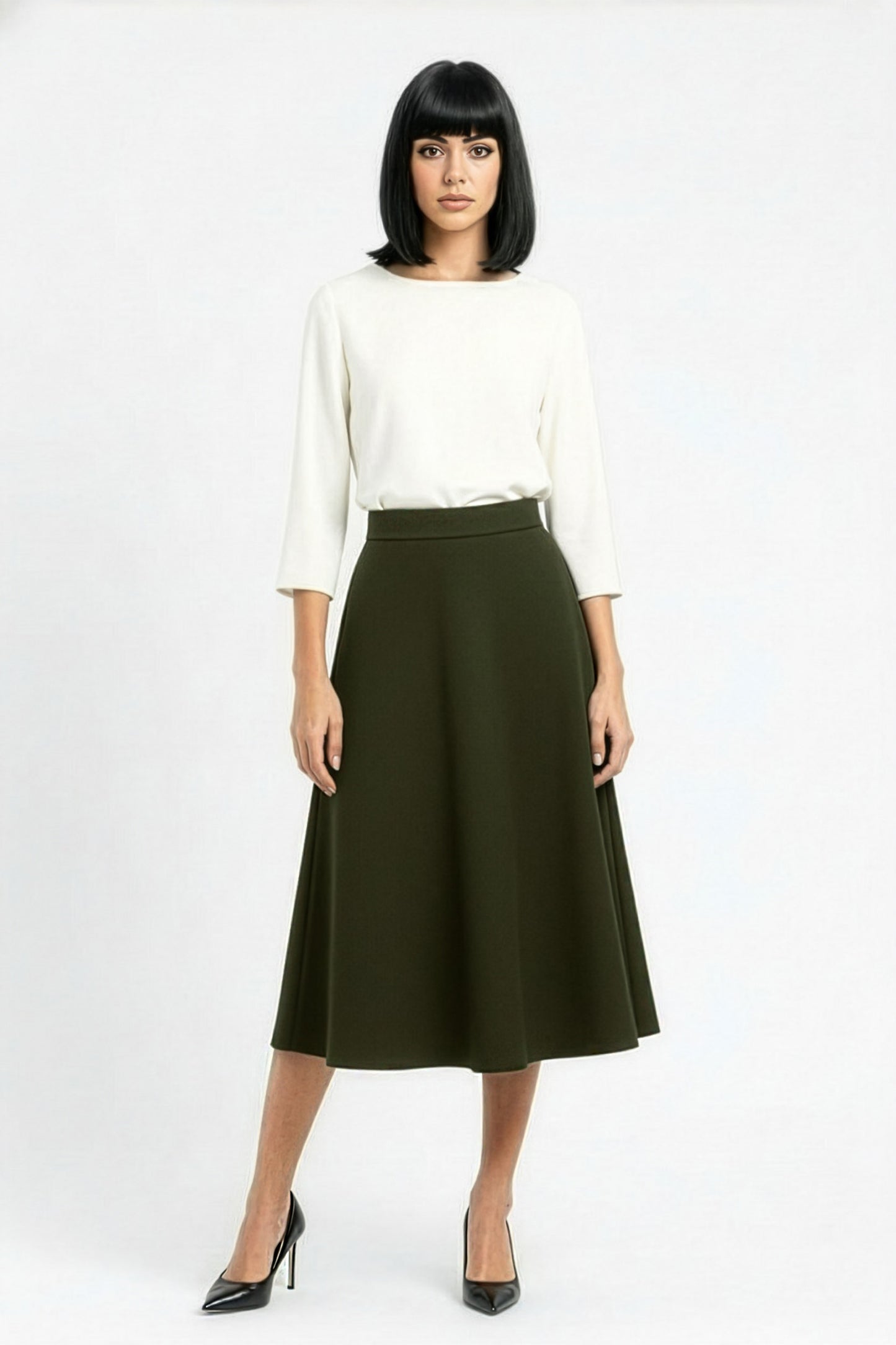 aline flared wool midi skirt in olive green
