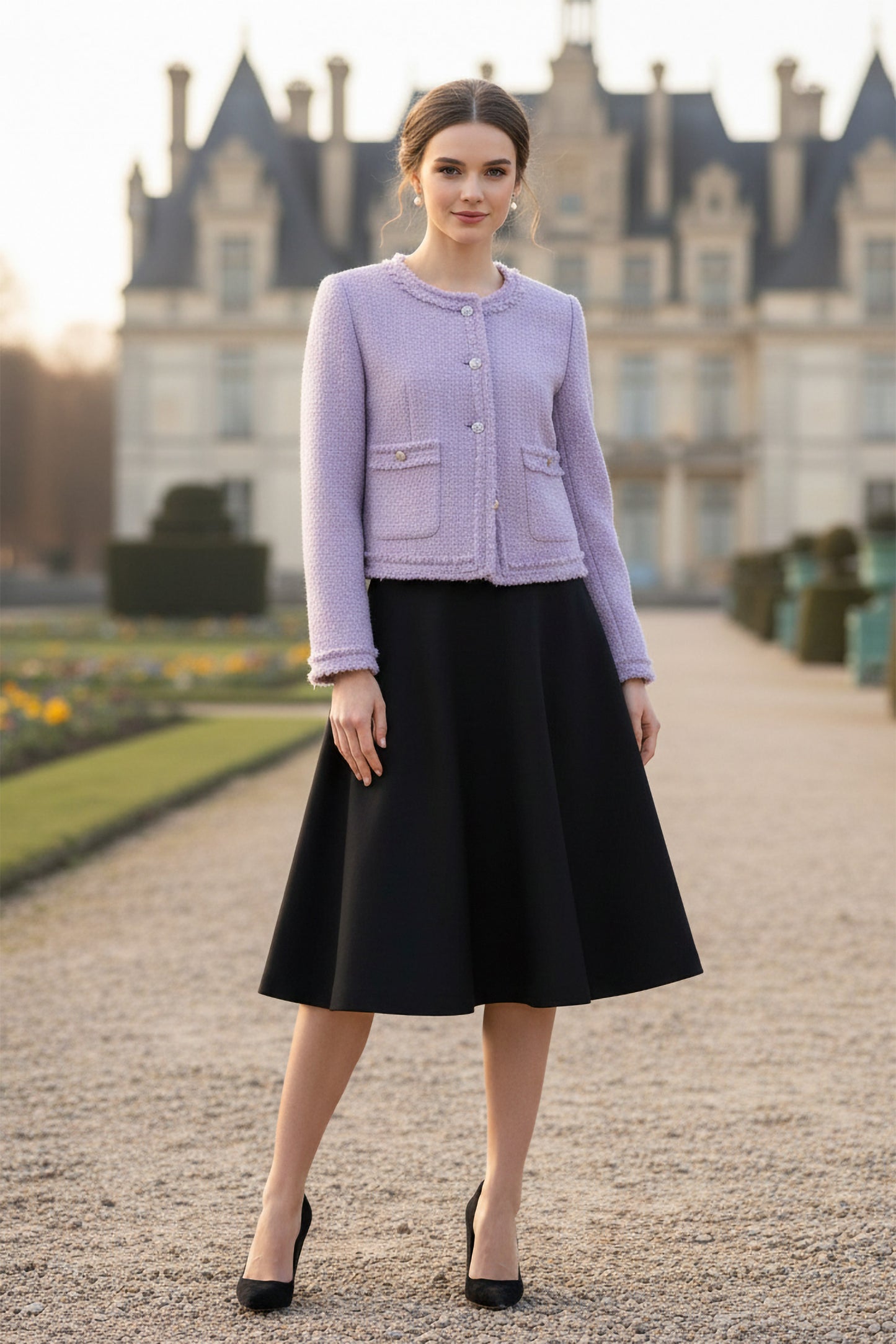 black flared knee length wool skirt