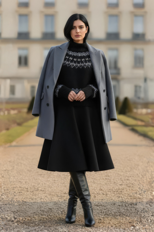 black half circle wool knee length skirt