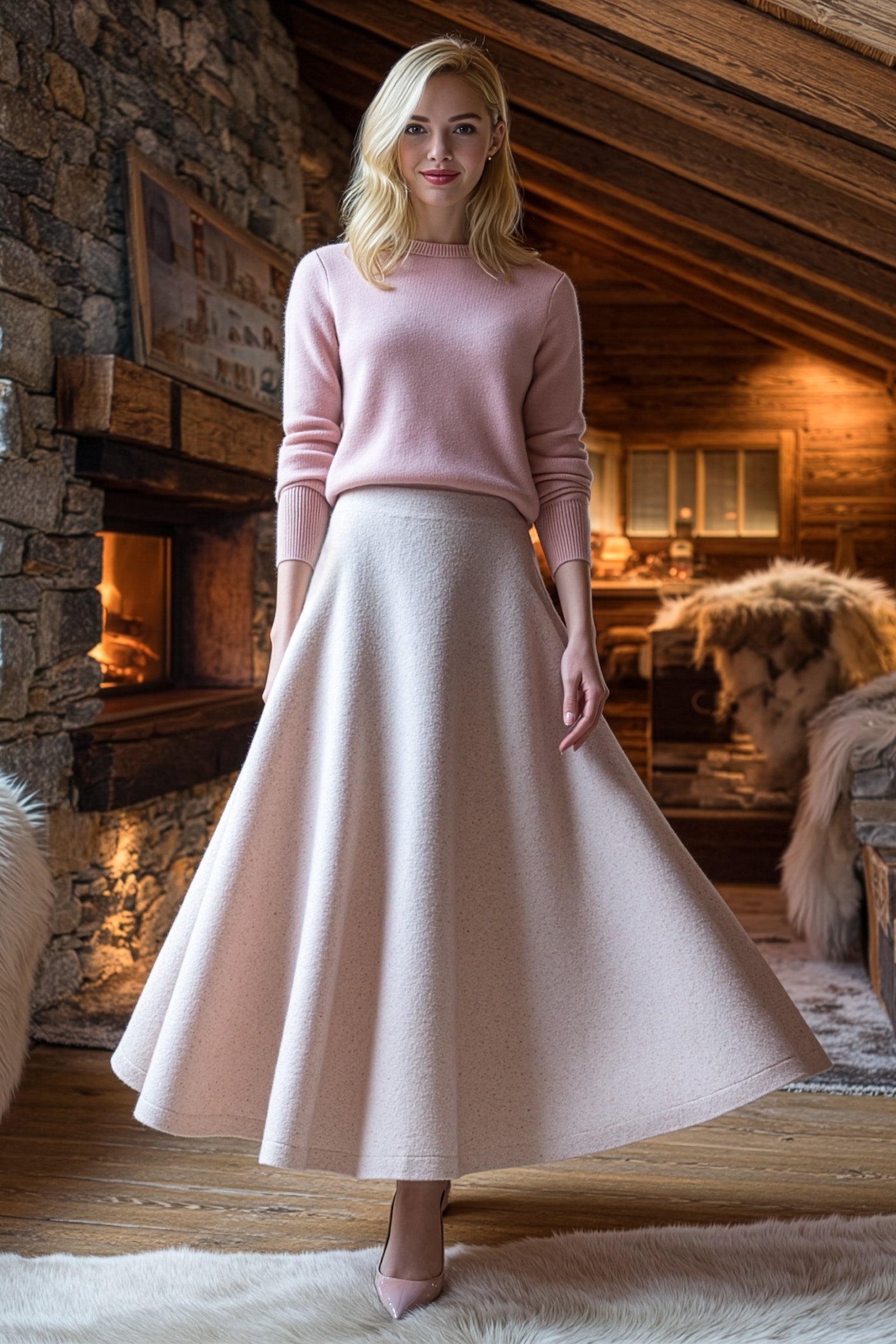 cream flared wool maxi skirt