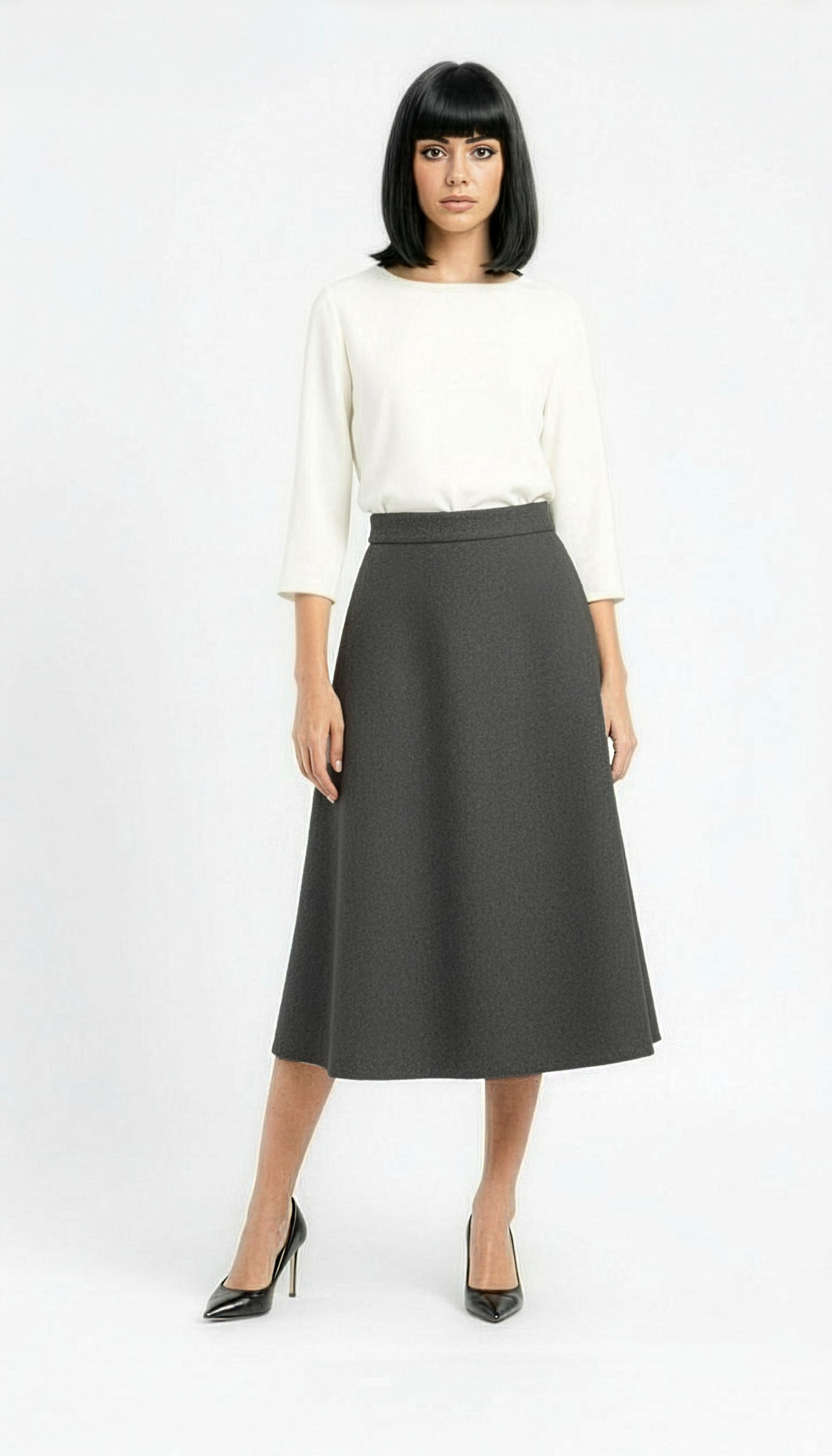 flared aline midi wool skirt in dark grey