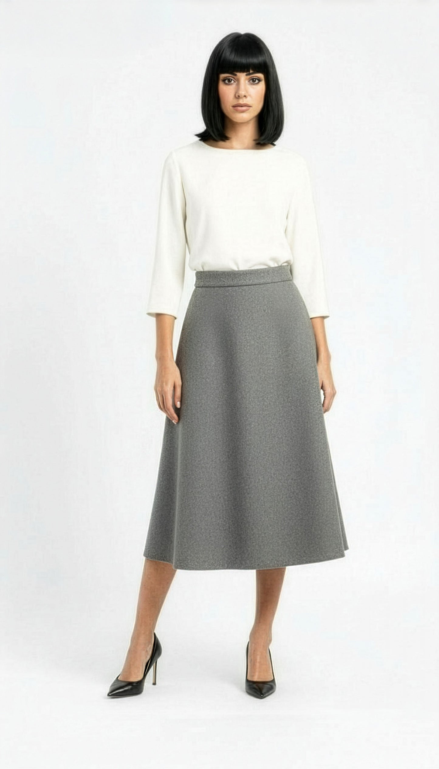 flared aline wool midi skirt in light grey
