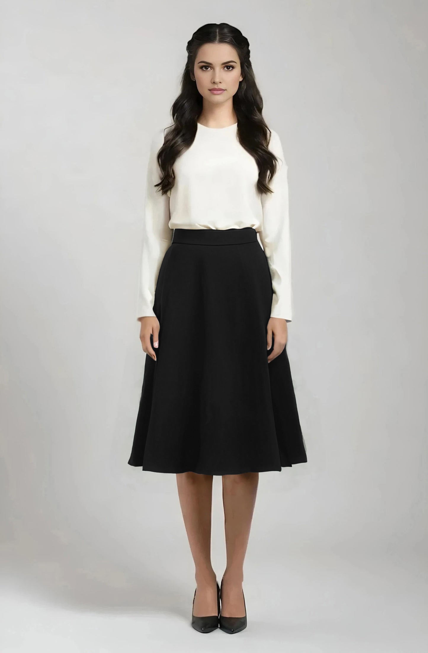 flared wool knee length skirt in black