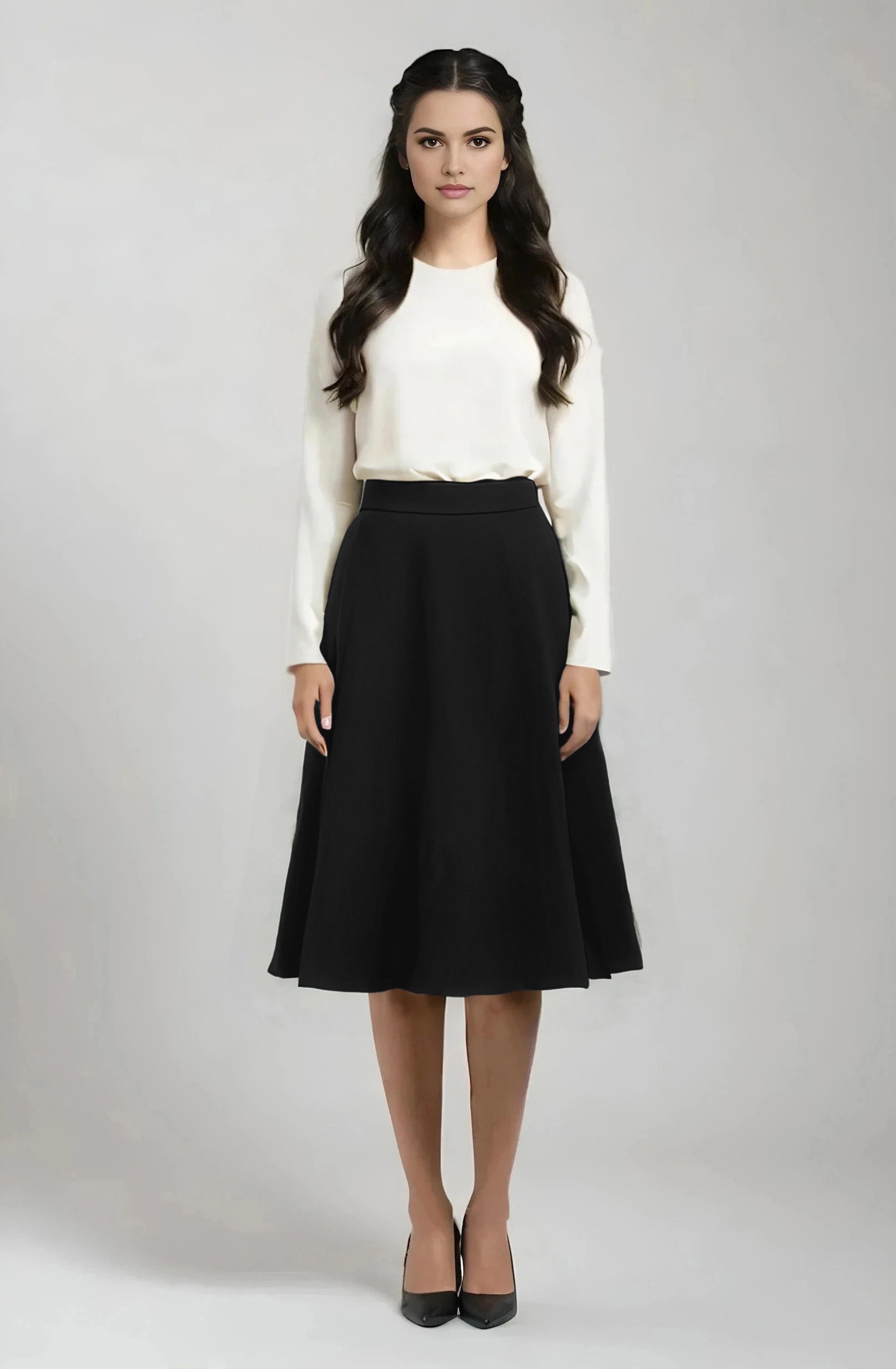 flared wool knee length skirt in black