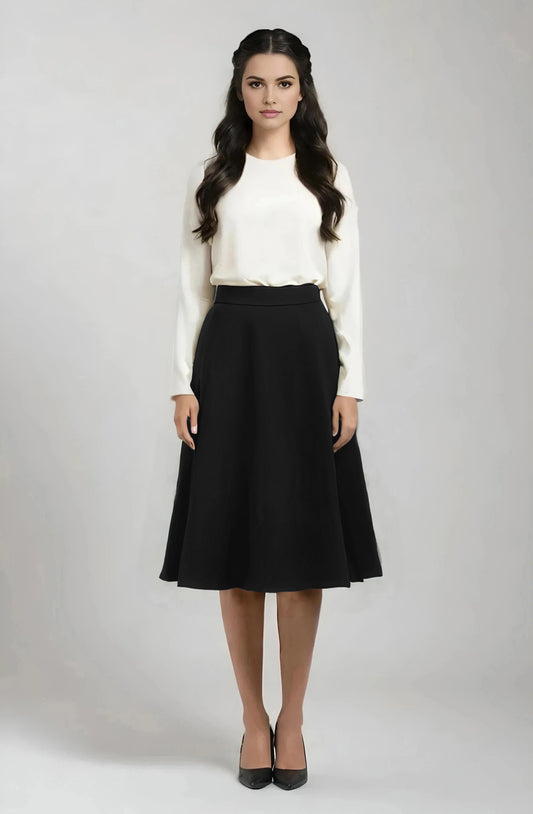 flared wool knee length skirt in black