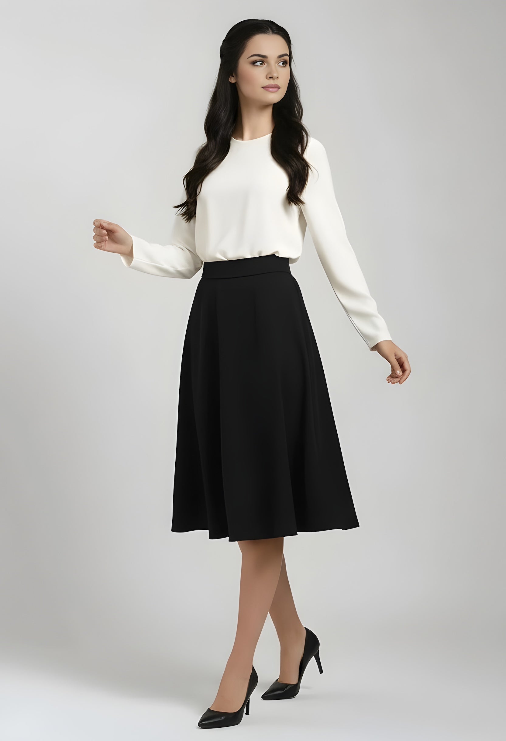 knee length wool flared skirt in black