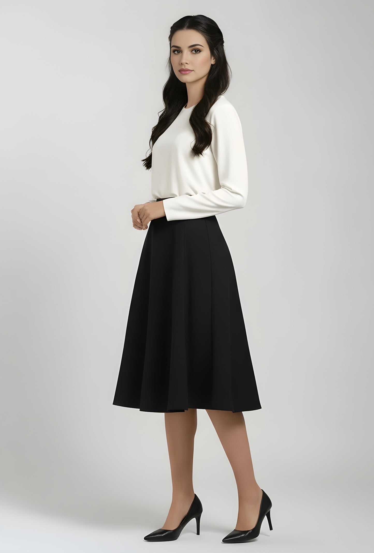 flared wool kneel length skirt in black side view
