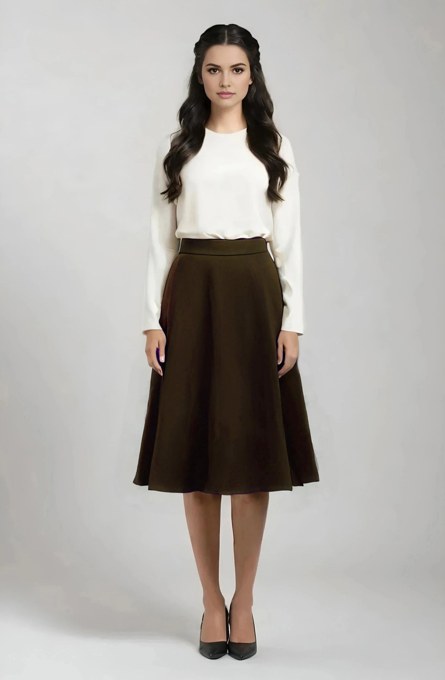 flared knee length wool skirt in brown