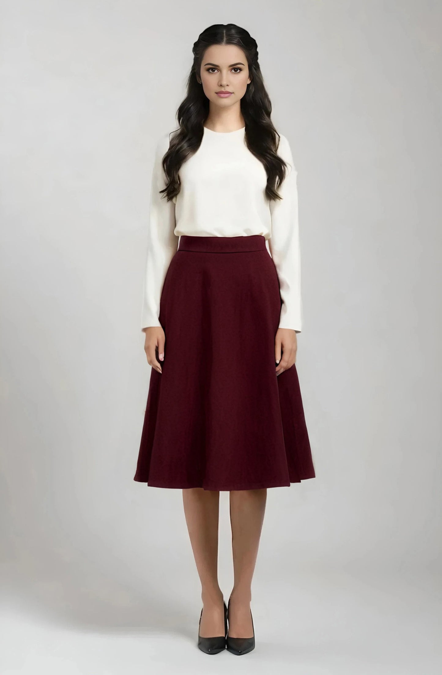 flared knee length wool skirt in burgundy