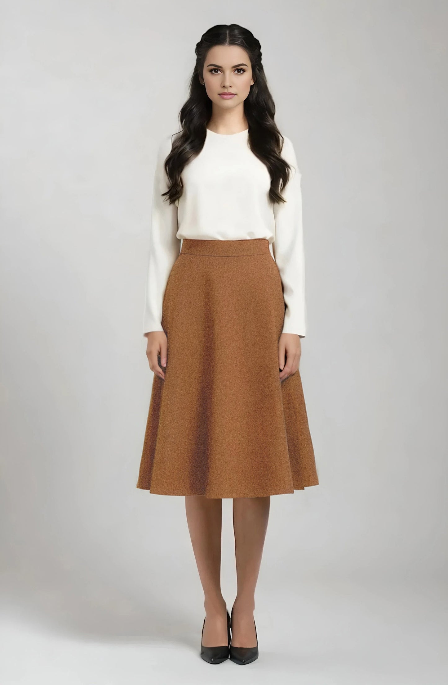 flared knee length wool skirt in camel