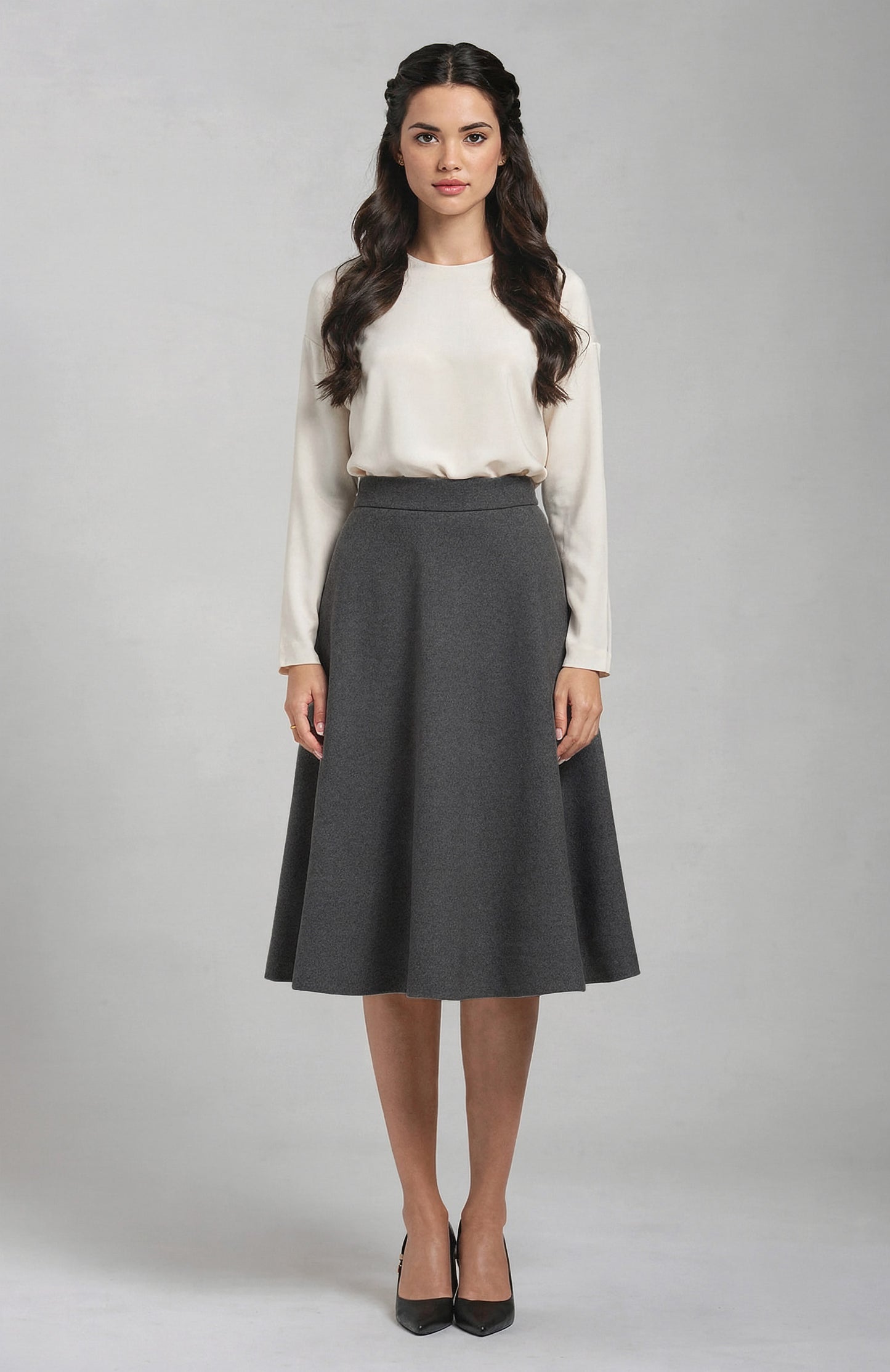 flared knee length wool skirt in dark grey