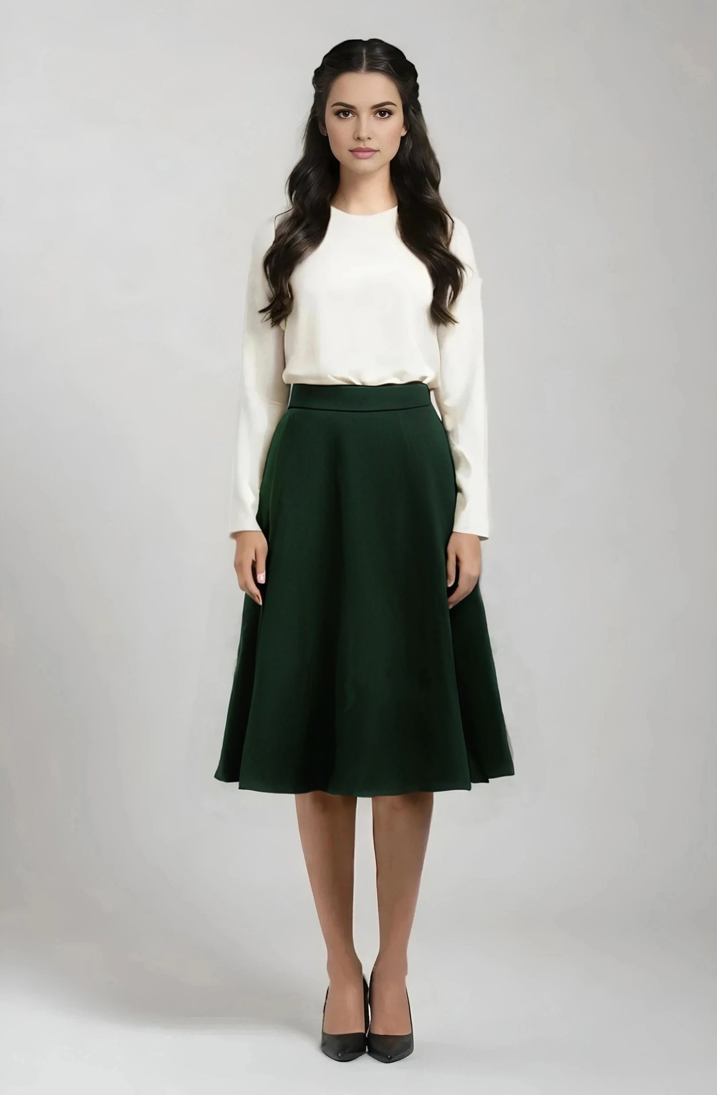 flared knee length wool skirt in green